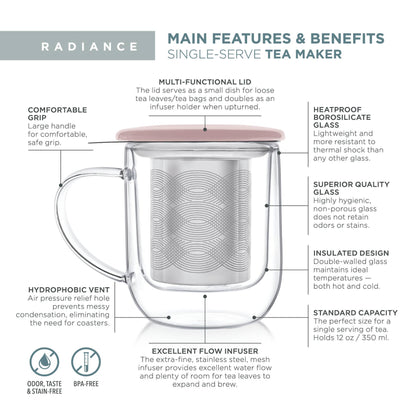 Teabloom Radiance® Double Wall Glass Mug with Infuser &amp; Lid