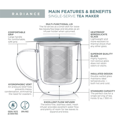 Teabloom Radiance® Double Wall Glass Mug with Infuser &amp; Lid